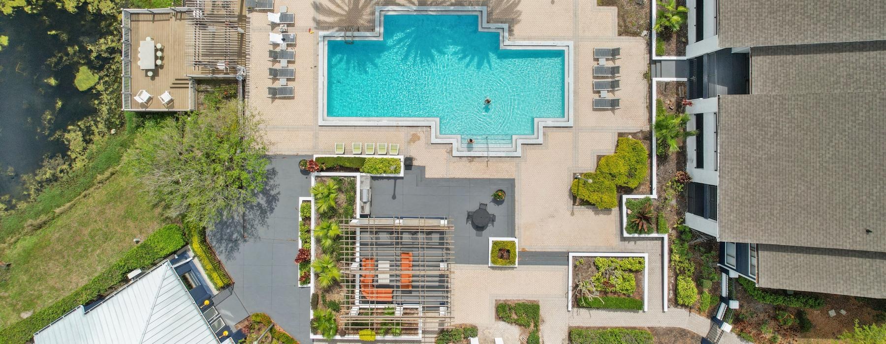 overhead shot of swimming pool and patio