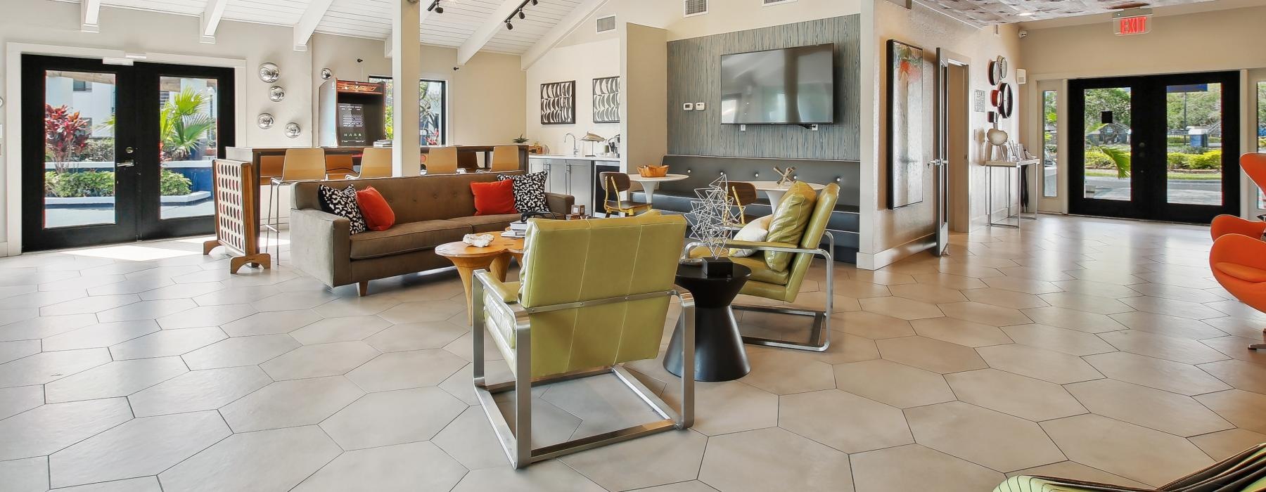 bright clubhouse with high ceilings